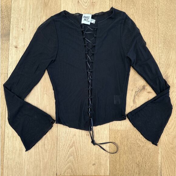Princess Polly - Semi Sheer Lace Up Front Long Flare Sleeve Top in Black - Picture 1 of 4